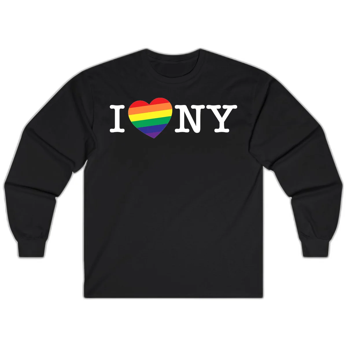 I Love New York Pride design with rainbow heart replacing the love symbol, featuring pride flag colors on gray background in Black