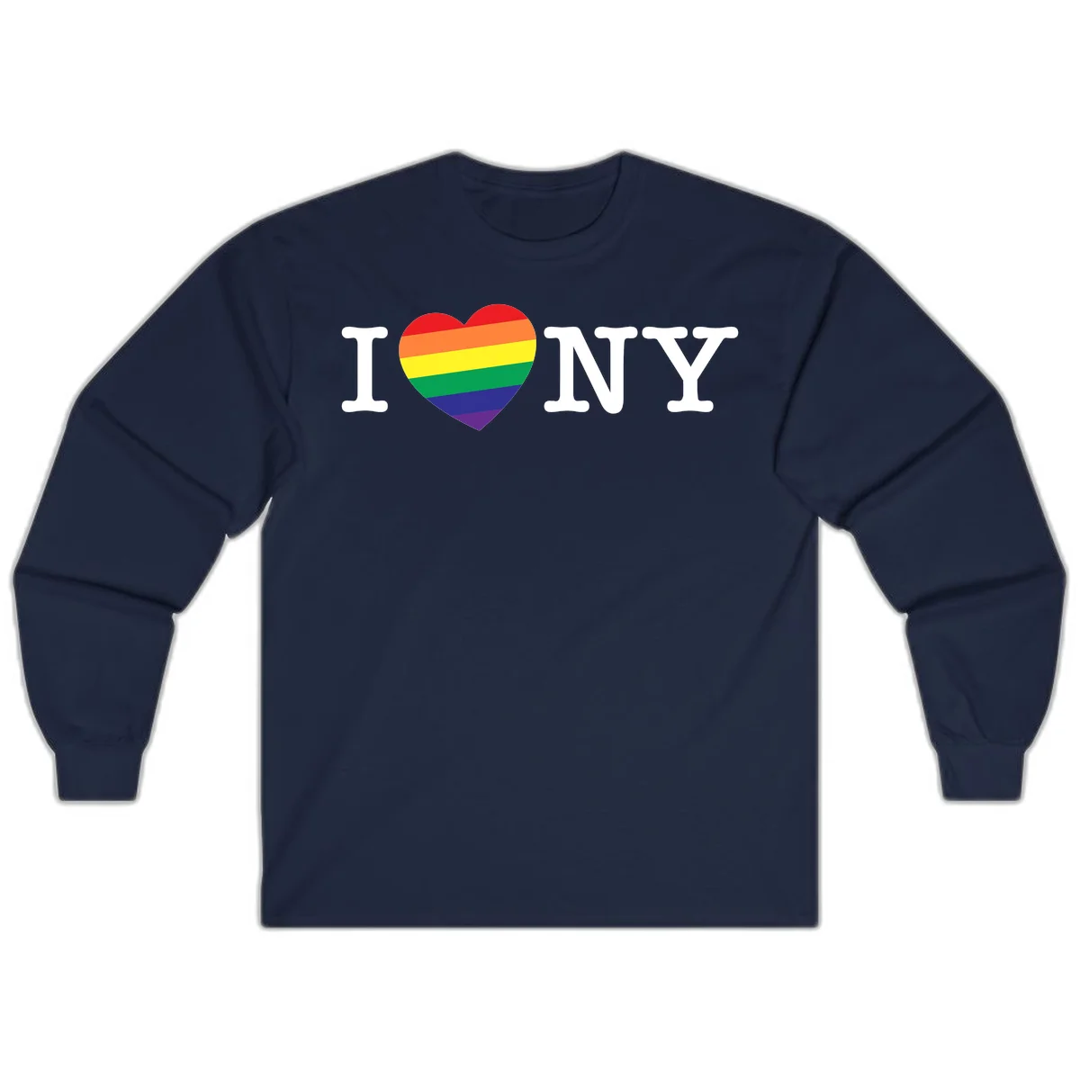 I Love New York Pride design with rainbow heart replacing the love symbol, featuring pride flag colors on gray background in Navy