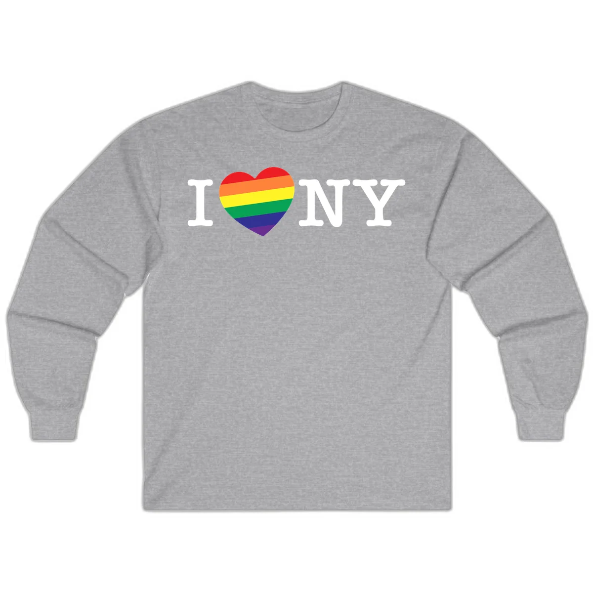 I Love New York Pride design with rainbow heart replacing the love symbol, featuring pride flag colors on gray background in Sport Grey