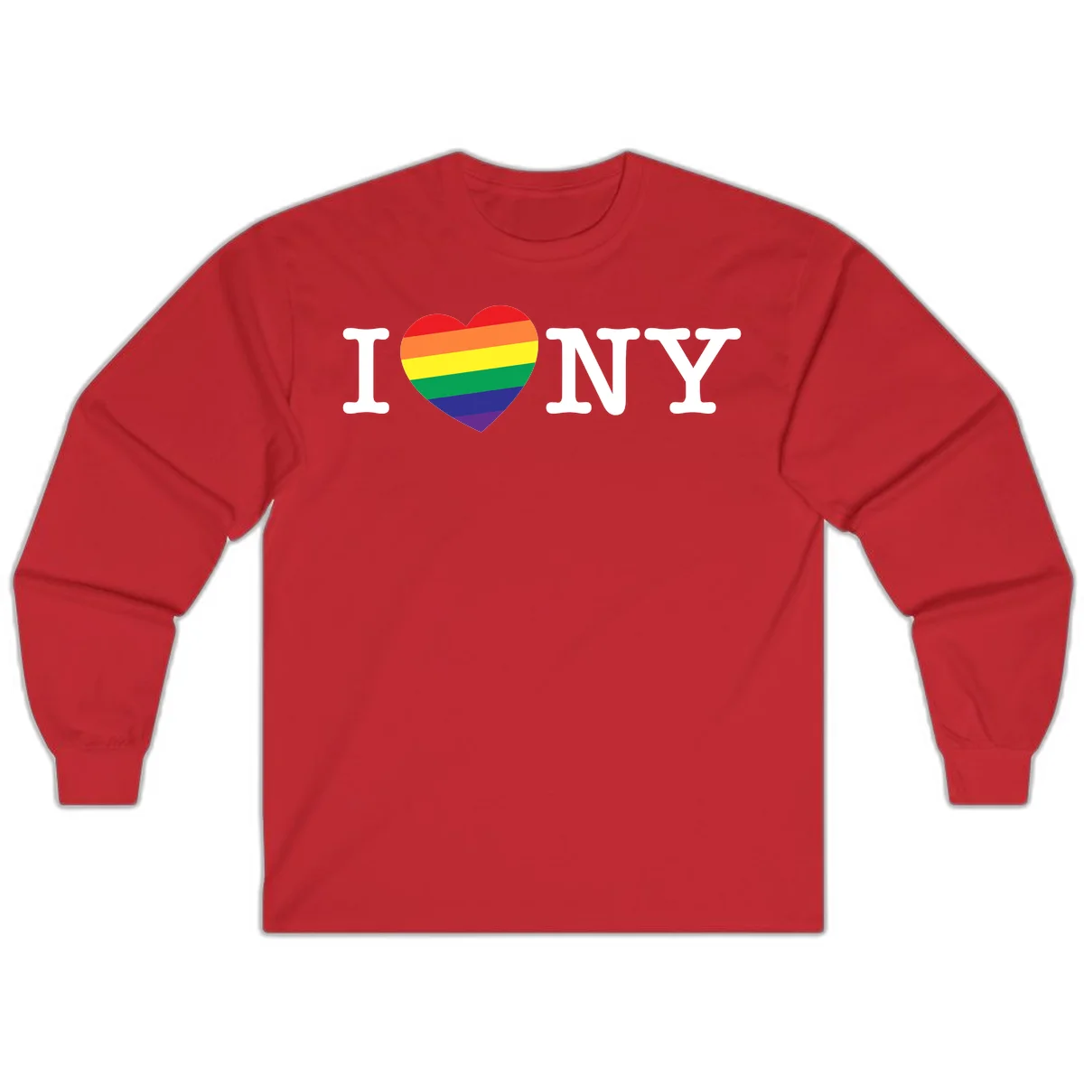 I Love New York Pride design with rainbow heart replacing the love symbol, featuring pride flag colors on gray background in Red