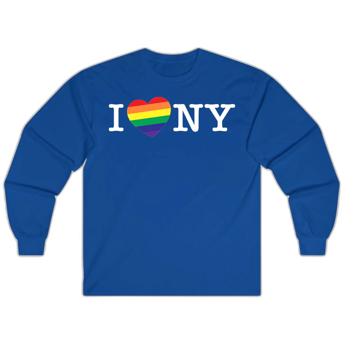 I Love New York Pride design with rainbow heart replacing the love symbol, featuring pride flag colors on gray background in Royal