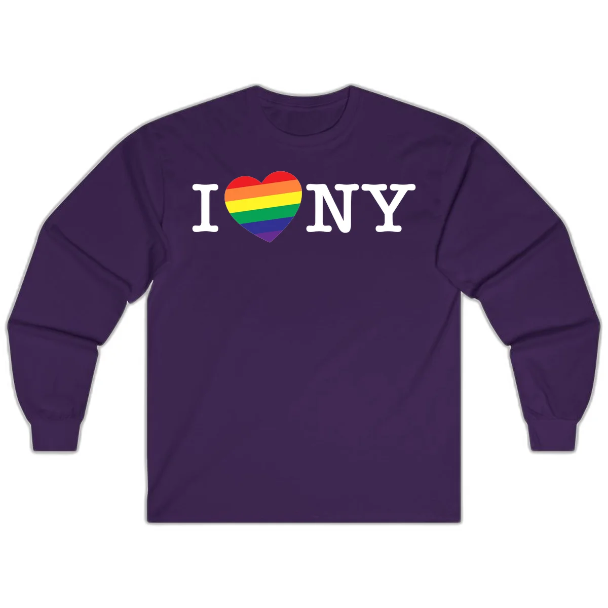I Love New York Pride design with rainbow heart replacing the love symbol, featuring pride flag colors on gray background in Purple