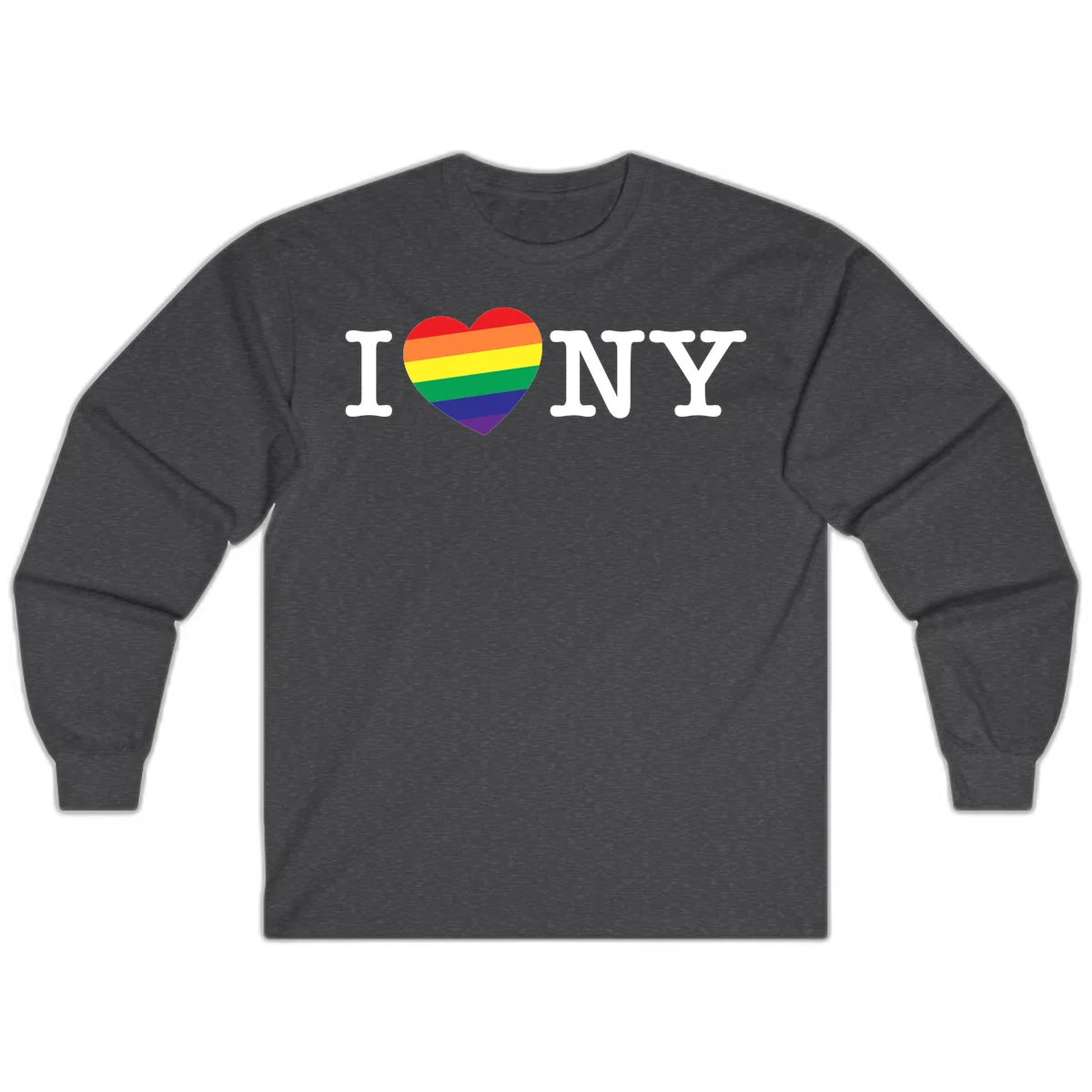 I Love New York Pride design with rainbow heart replacing the love symbol, featuring pride flag colors on gray background in Dark Heather