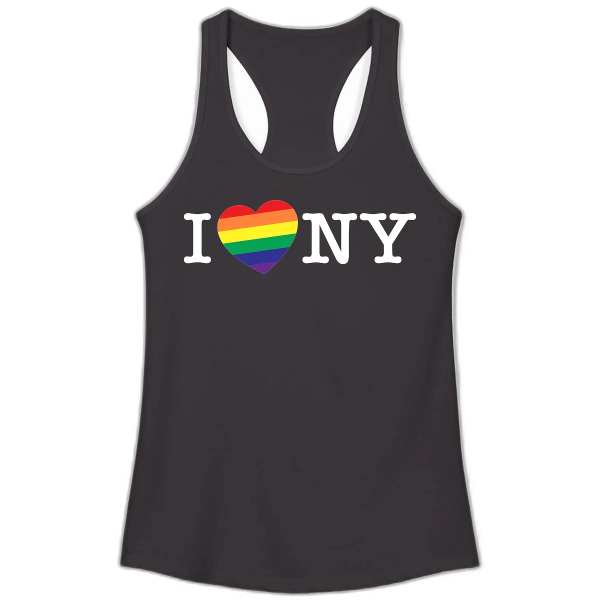 I Love New York Pride design with rainbow heart replacing the love symbol, featuring pride flag colors on gray background in Black