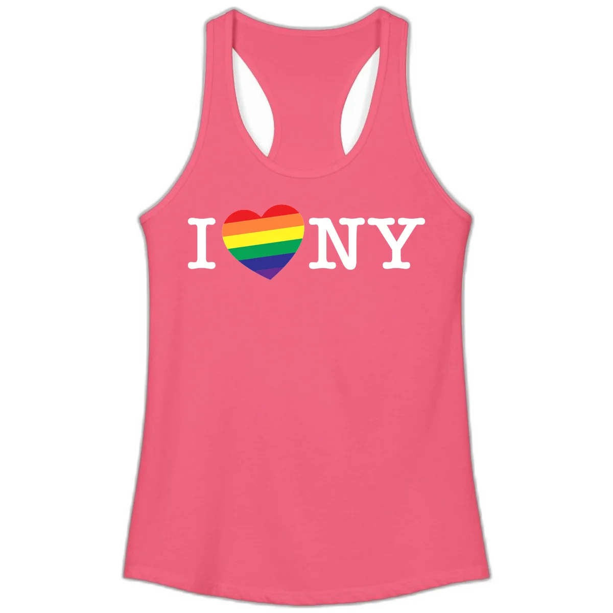 I Love New York Pride design with rainbow heart replacing the love symbol, featuring pride flag colors on gray background in Hot Pink