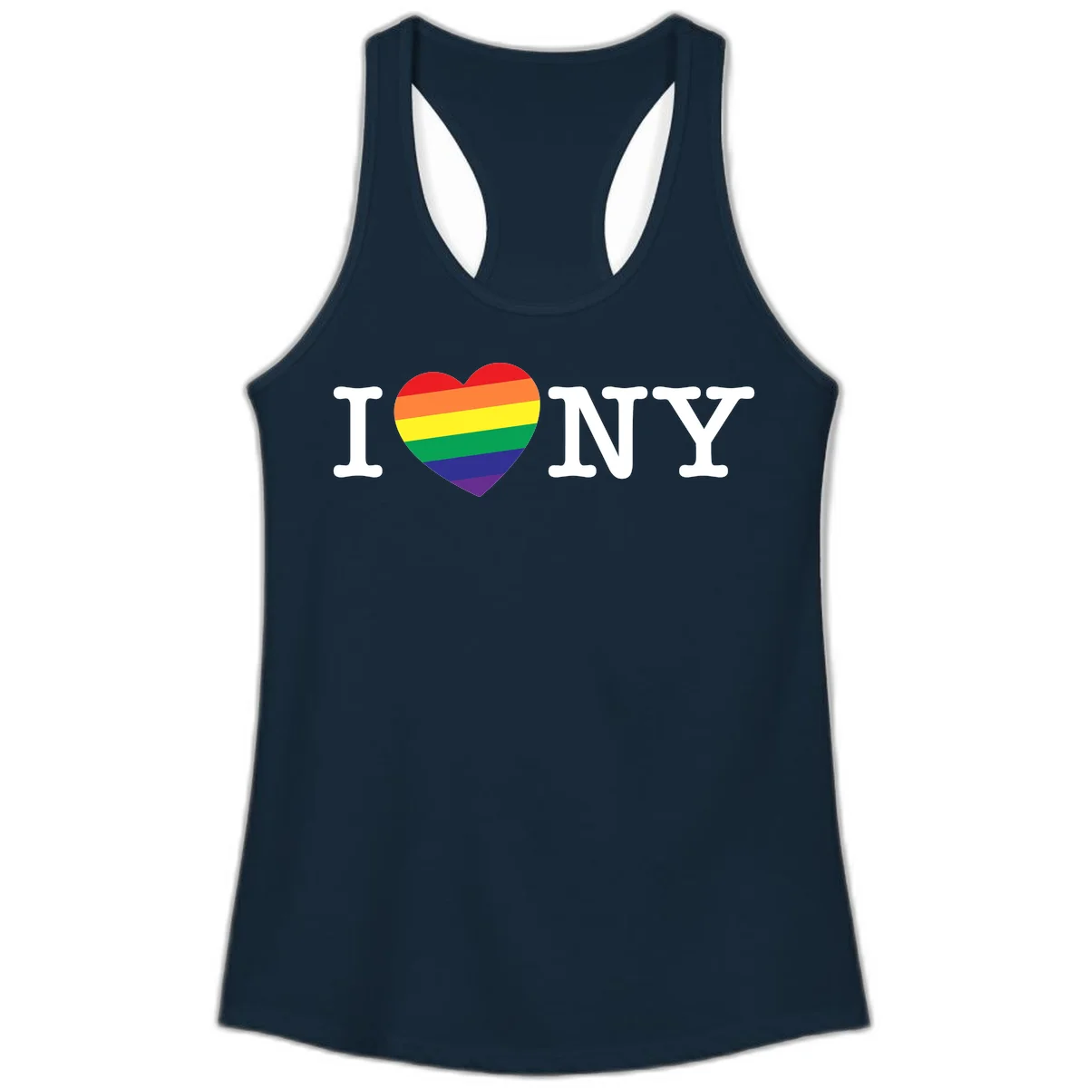 I Love New York Pride design with rainbow heart replacing the love symbol, featuring pride flag colors on gray background in Solid Midnight Navy