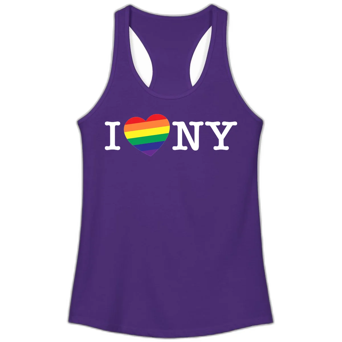 I Love New York Pride design with rainbow heart replacing the love symbol, featuring pride flag colors on gray background in Solid Purple Rush