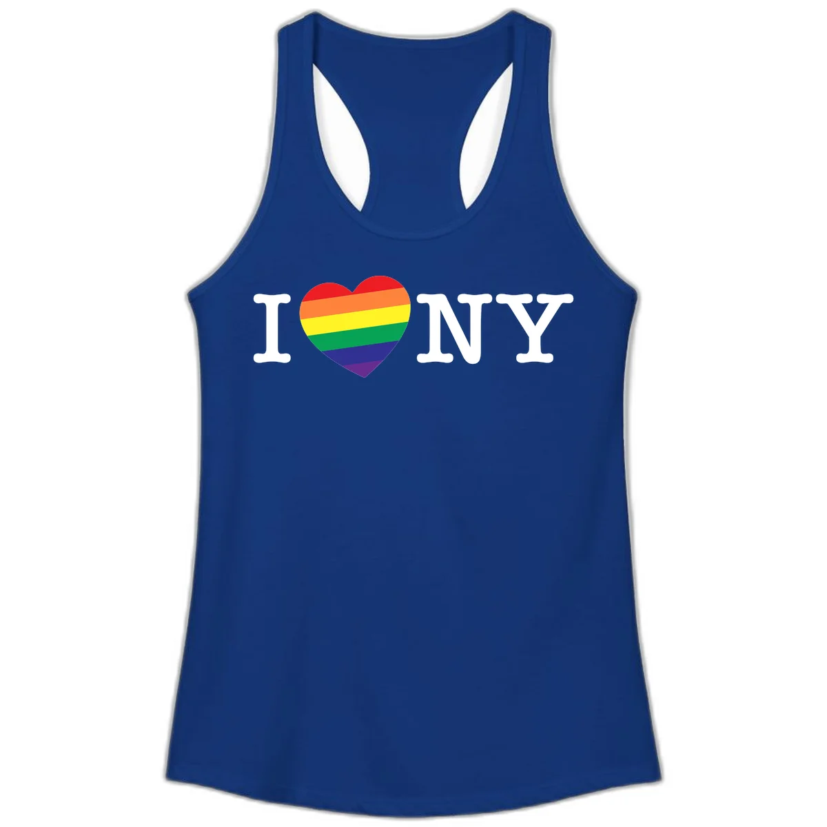 I Love New York Pride design with rainbow heart replacing the love symbol, featuring pride flag colors on gray background in Solid Royal