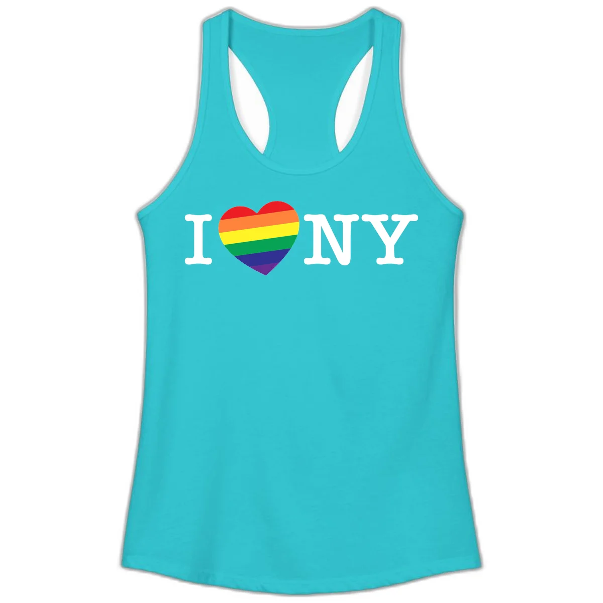 I Love New York Pride design with rainbow heart replacing the love symbol, featuring pride flag colors on gray background in Solid Tahiti Blue