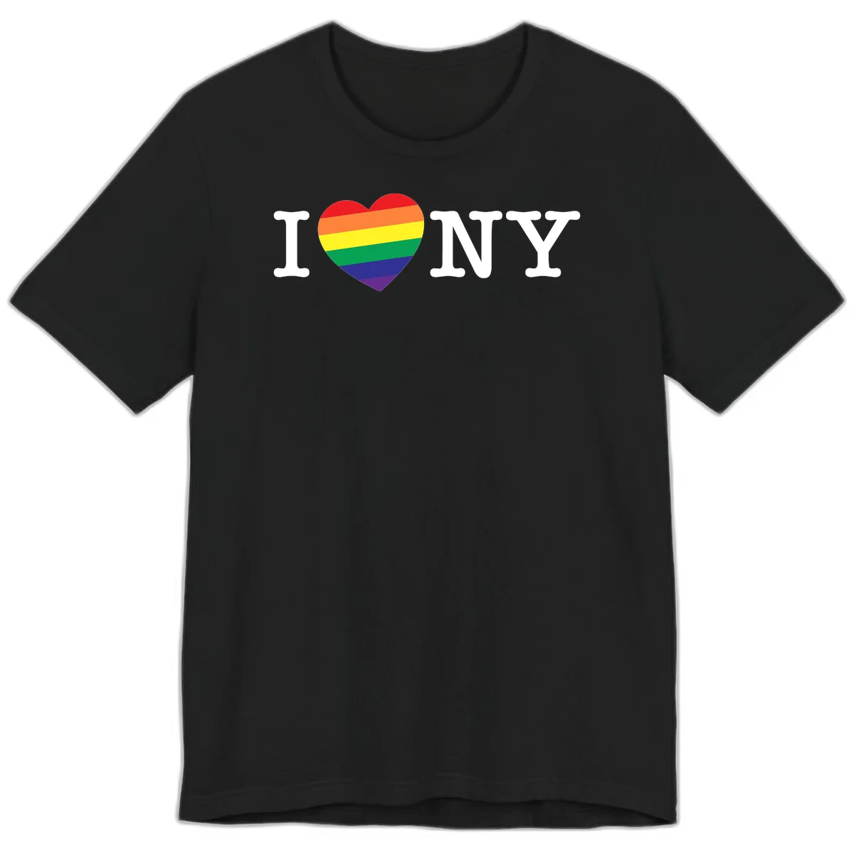 I Love New York Pride design with rainbow heart replacing the love symbol, featuring pride flag colors on gray background in Black