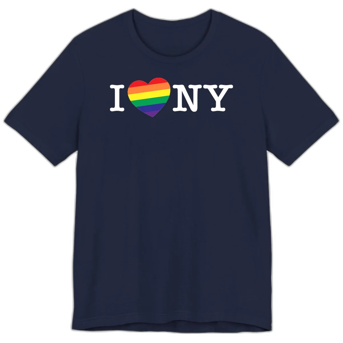 I Love New York Pride design with rainbow heart replacing the love symbol, featuring pride flag colors on gray background in Navy