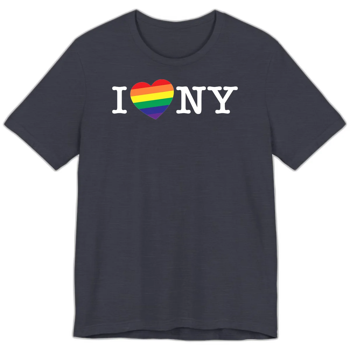 I Love New York Pride design with rainbow heart replacing the love symbol, featuring pride flag colors on gray background in Heather Midnight Navy