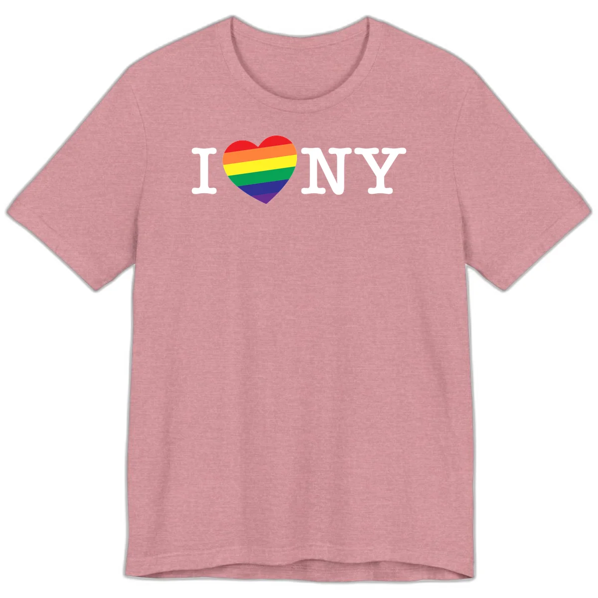 I Love New York Pride design with rainbow heart replacing the love symbol, featuring pride flag colors on gray background in Heather Orchid