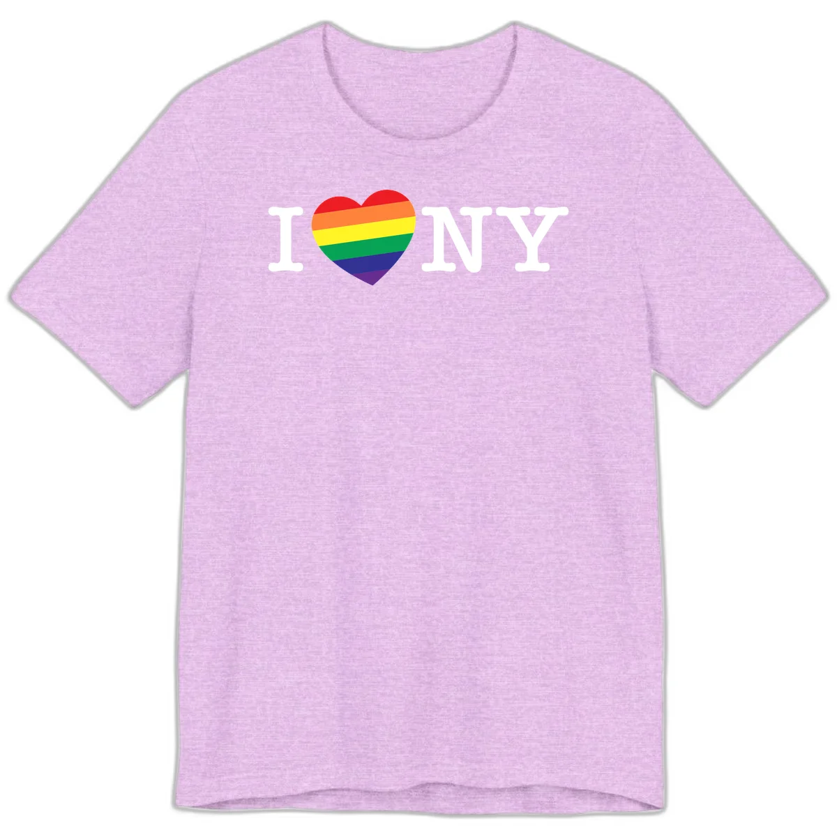 I Love New York Pride design with rainbow heart replacing the love symbol, featuring pride flag colors on gray background in Heather Prism Lilac