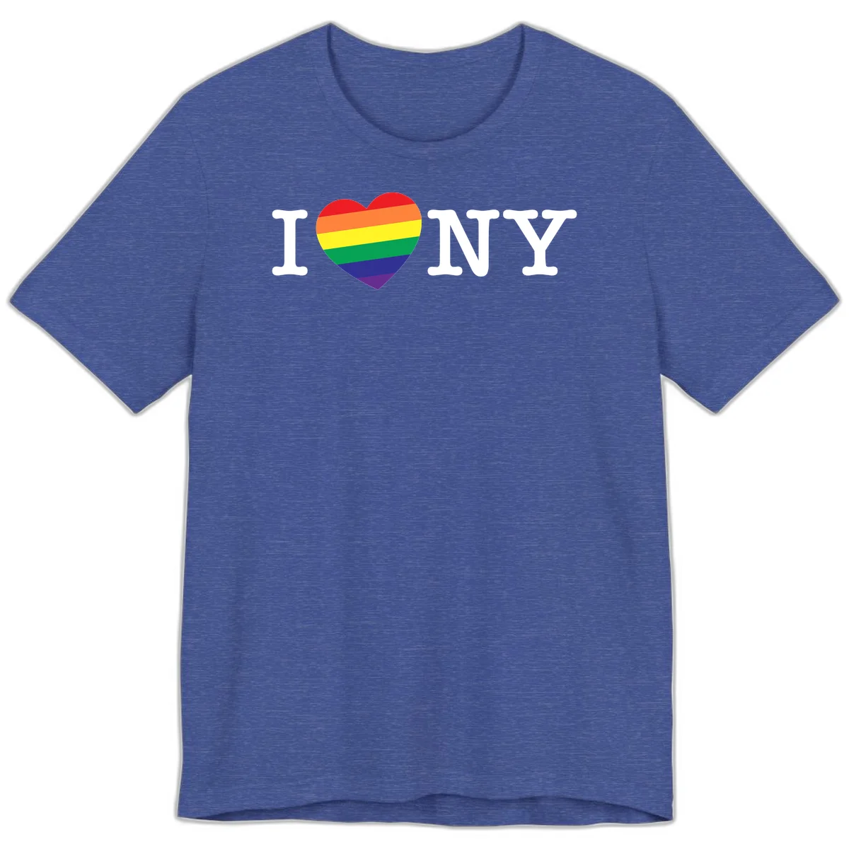 I Love New York Pride design with rainbow heart replacing the love symbol, featuring pride flag colors on gray background in Heather True Royal