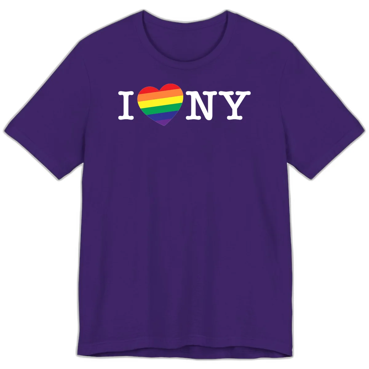 I Love New York Pride design with rainbow heart replacing the love symbol, featuring pride flag colors on gray background in Team Purple