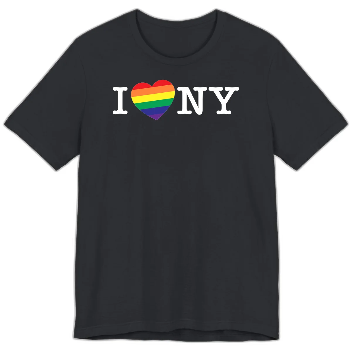 I Love New York Pride design with rainbow heart replacing the love symbol, featuring pride flag colors on gray background in Vintage Black