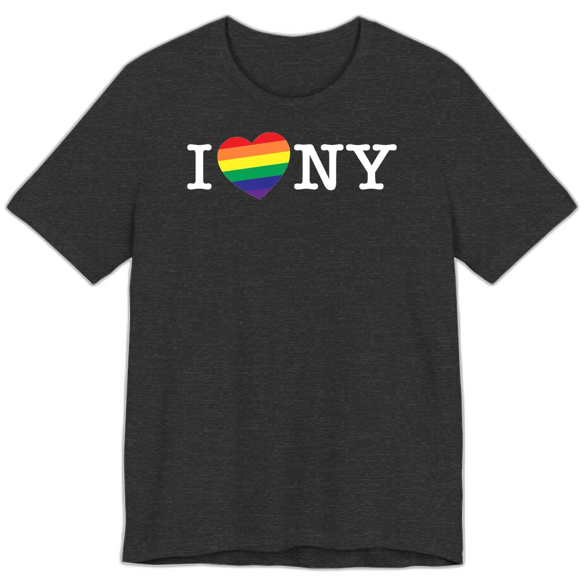 I Love New York Pride design with rainbow heart replacing the love symbol, featuring pride flag colors on gray background in Dark Grey Heather