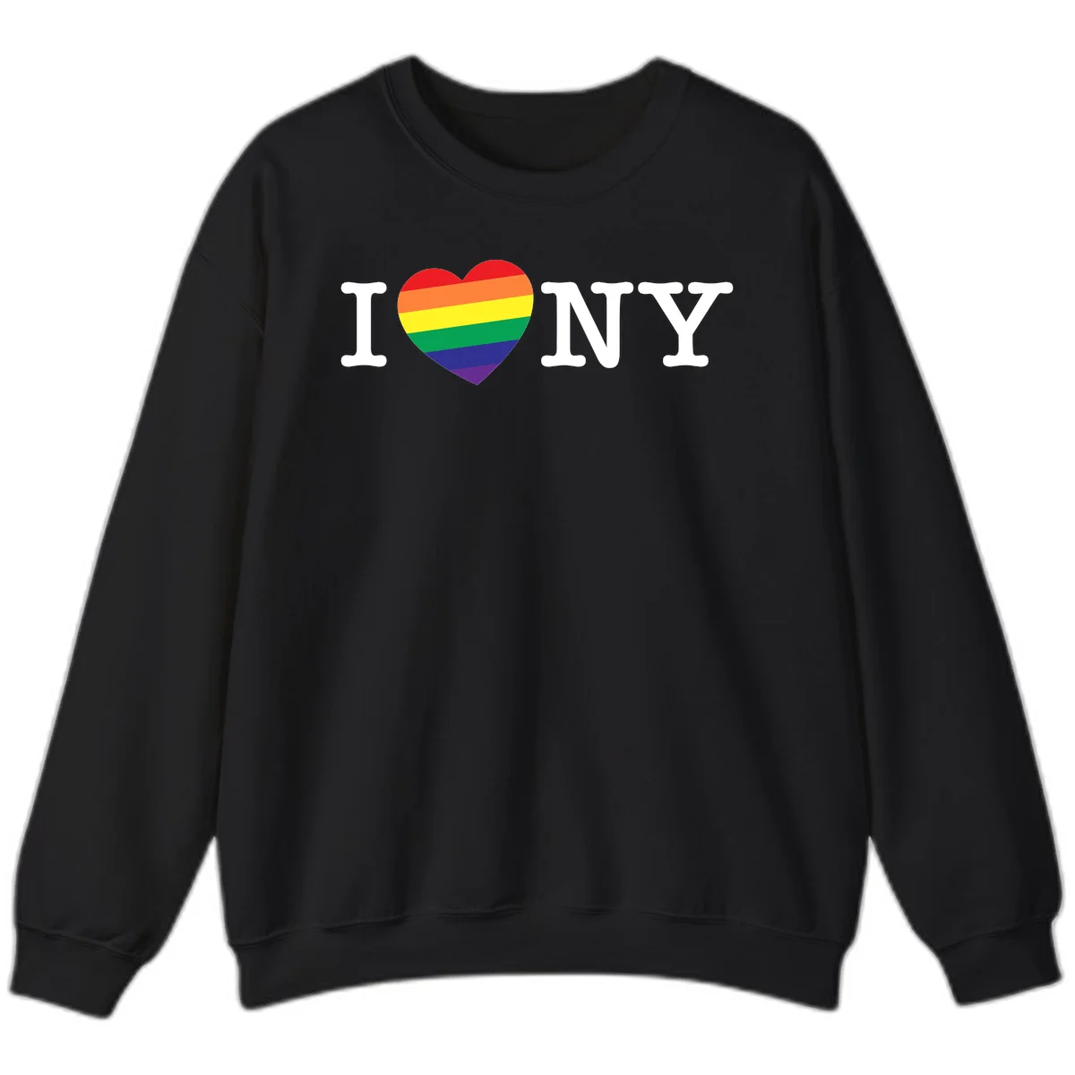 I Love New York Pride design with rainbow heart replacing the love symbol, featuring pride flag colors on gray background in Black