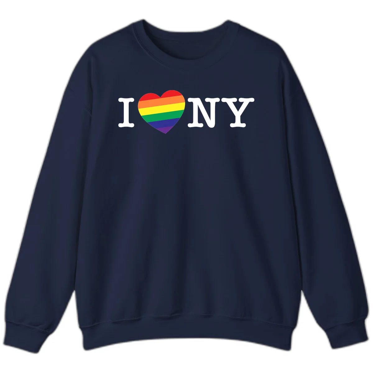 I Love New York Pride design with rainbow heart replacing the love symbol, featuring pride flag colors on gray background in Navy