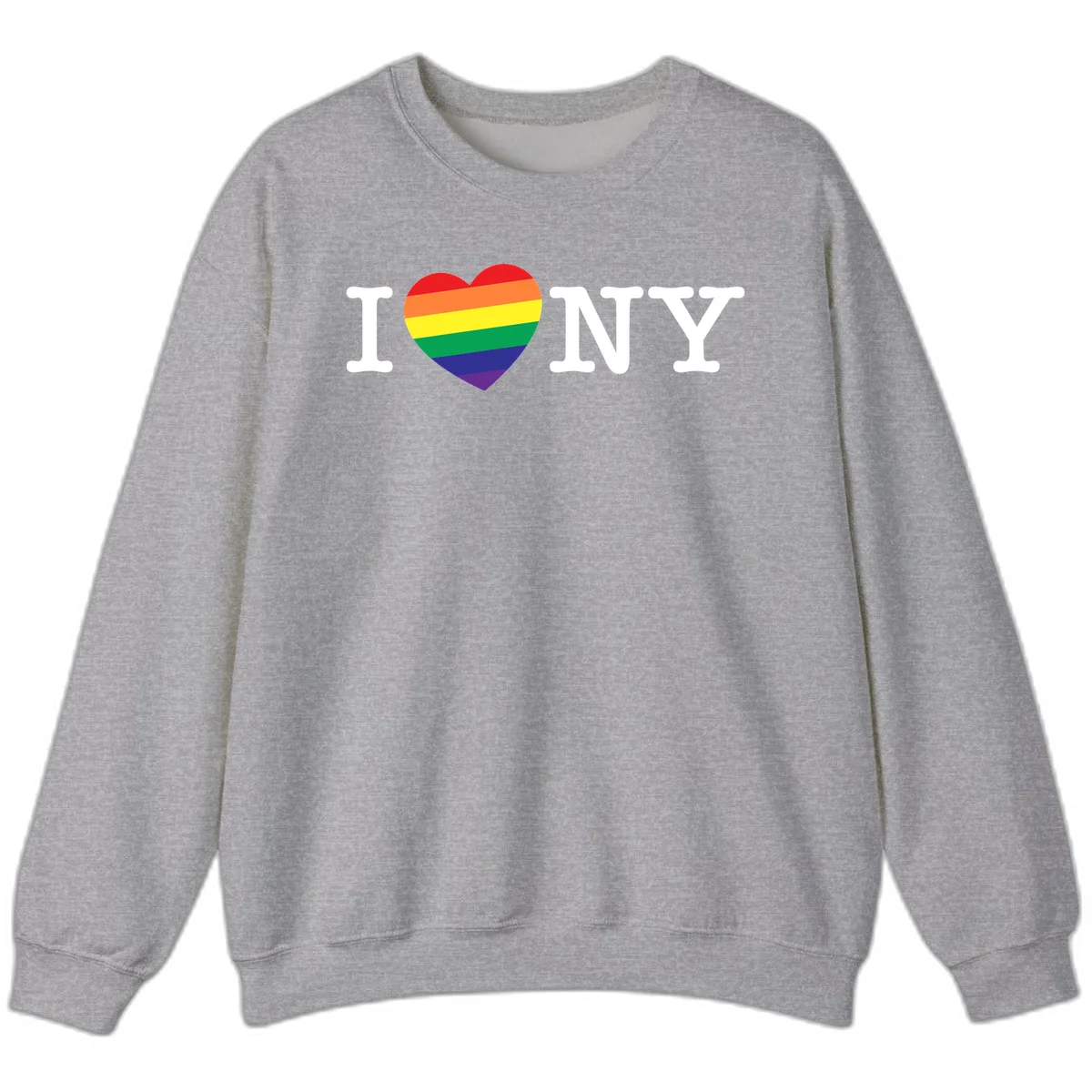 I Love New York Pride design with rainbow heart replacing the love symbol, featuring pride flag colors on gray background in Sport Grey