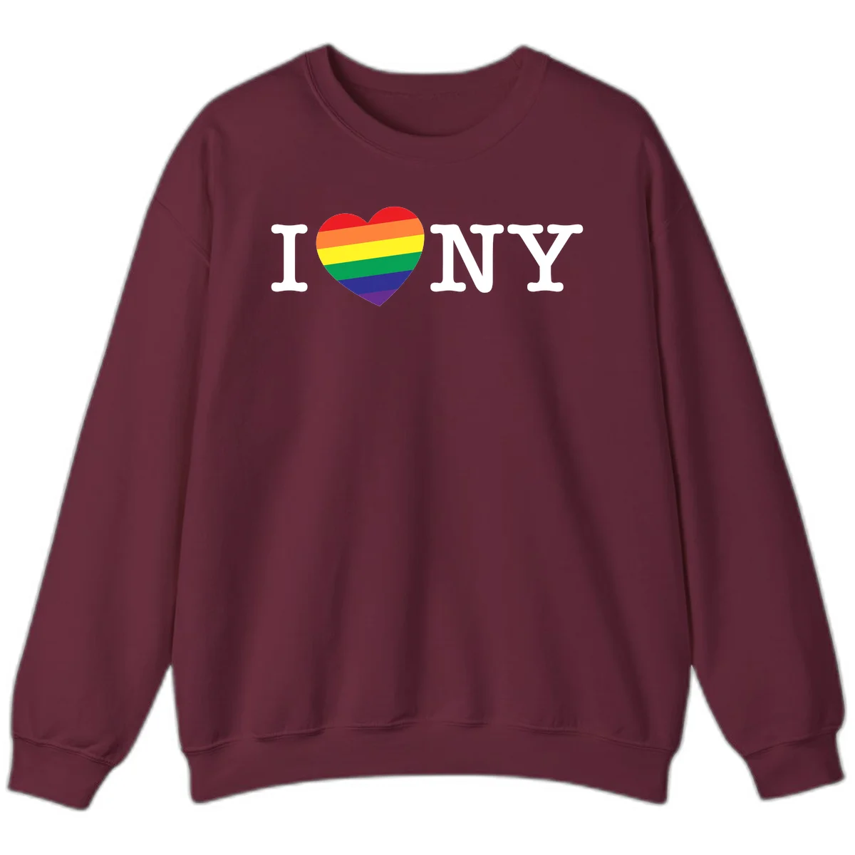 I Love New York Pride design with rainbow heart replacing the love symbol, featuring pride flag colors on gray background in Maroon