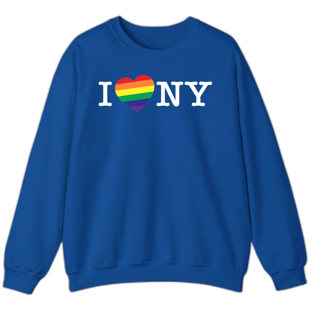 I Love New York Pride design with rainbow heart replacing the love symbol, featuring pride flag colors on gray background in Royal