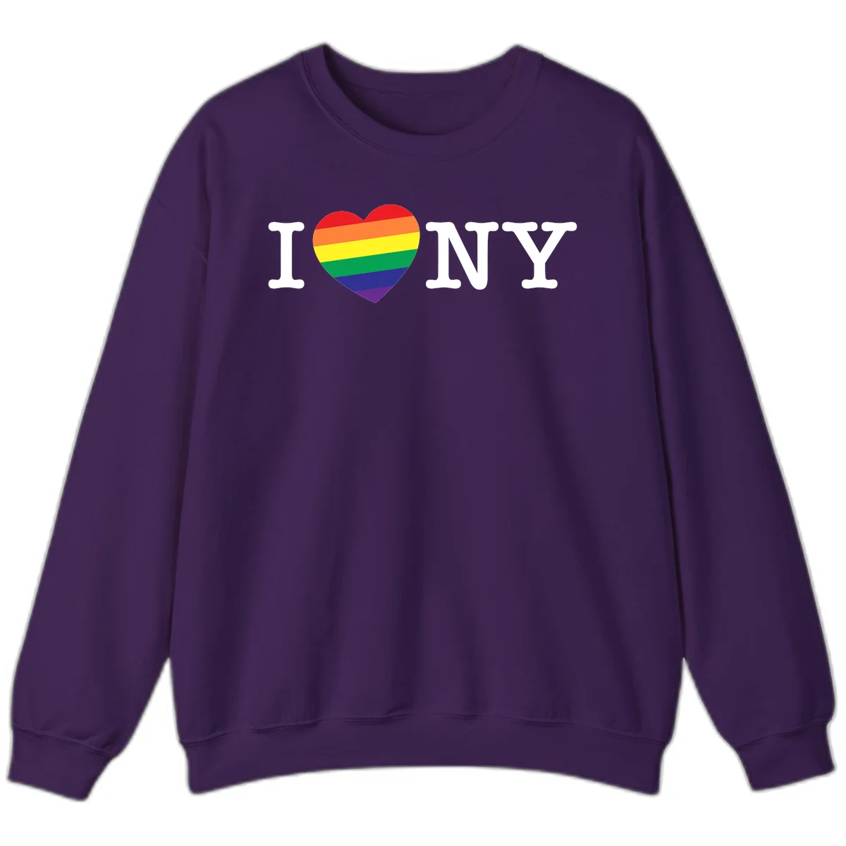 I Love New York Pride design with rainbow heart replacing the love symbol, featuring pride flag colors on gray background in Purple