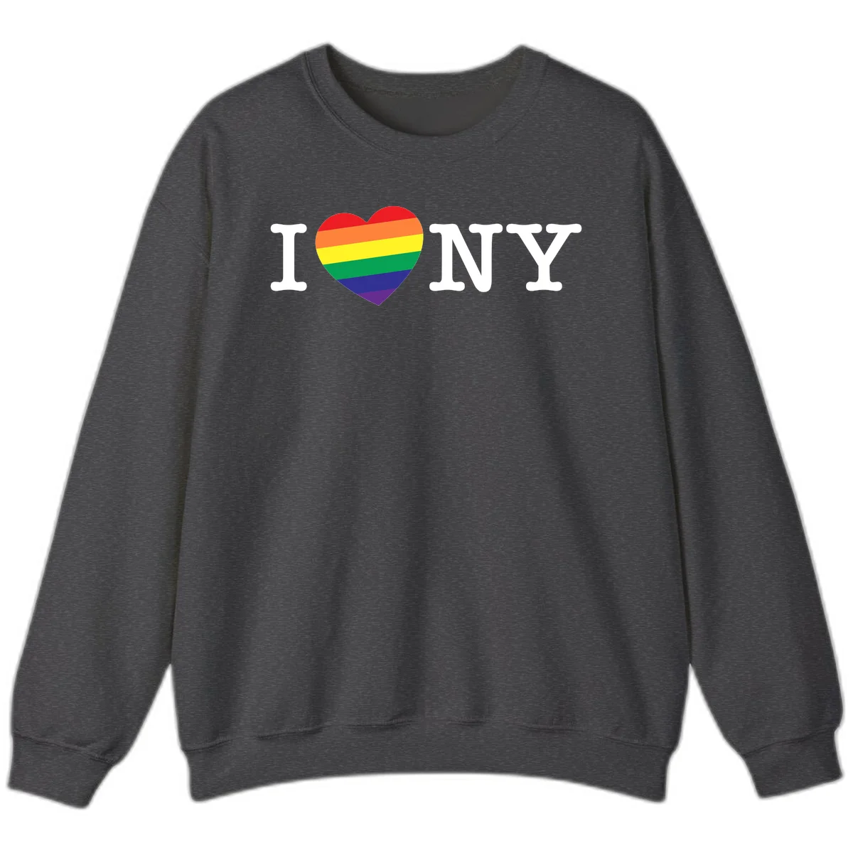 I Love New York Pride design with rainbow heart replacing the love symbol, featuring pride flag colors on gray background in Dark Heather