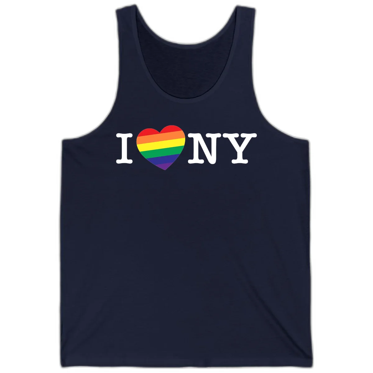 I Love New York Pride design with rainbow heart replacing the love symbol, featuring pride flag colors on gray background in Navy