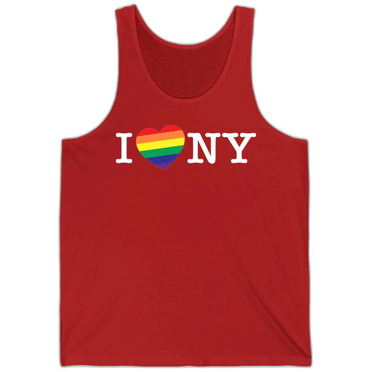 I Love New York Pride design with rainbow heart replacing the love symbol, featuring pride flag colors on gray background in Red