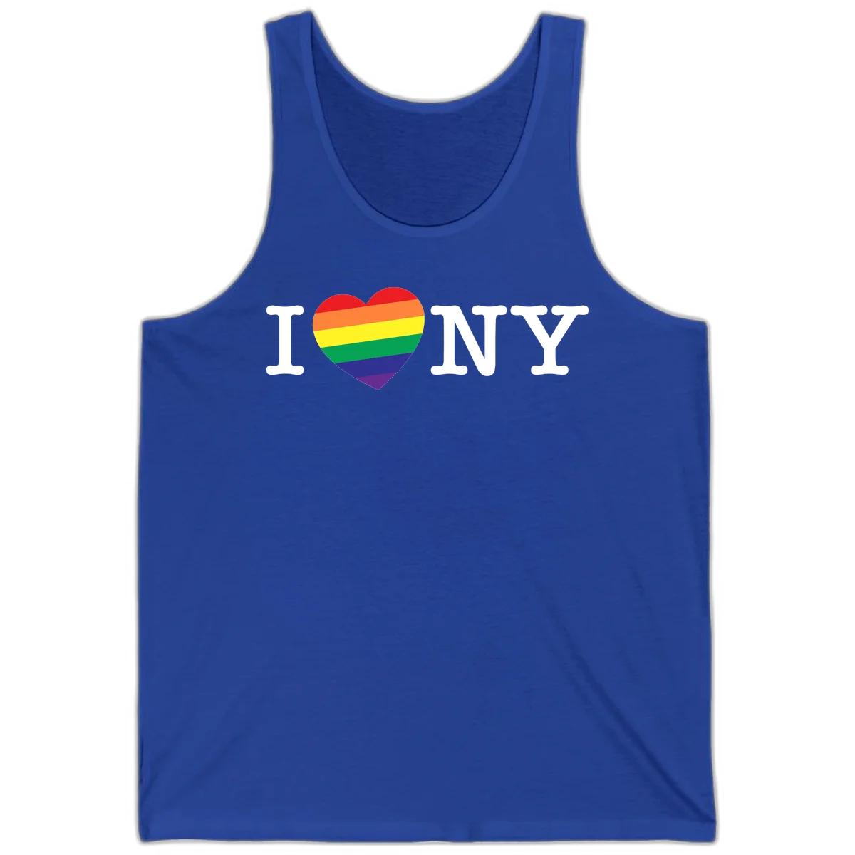 I Love New York Pride design with rainbow heart replacing the love symbol, featuring pride flag colors on gray background in True Royal
