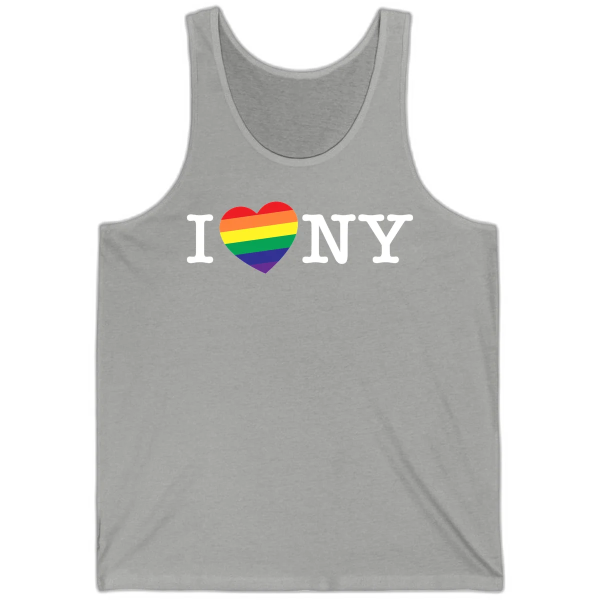 I Love New York Pride design with rainbow heart replacing the love symbol, featuring pride flag colors on gray background in Athletic Heather