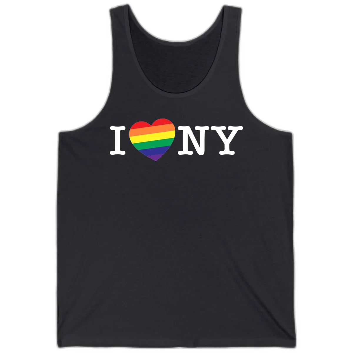 I Love New York Pride design with rainbow heart replacing the love symbol, featuring pride flag colors on gray background in Dark Grey