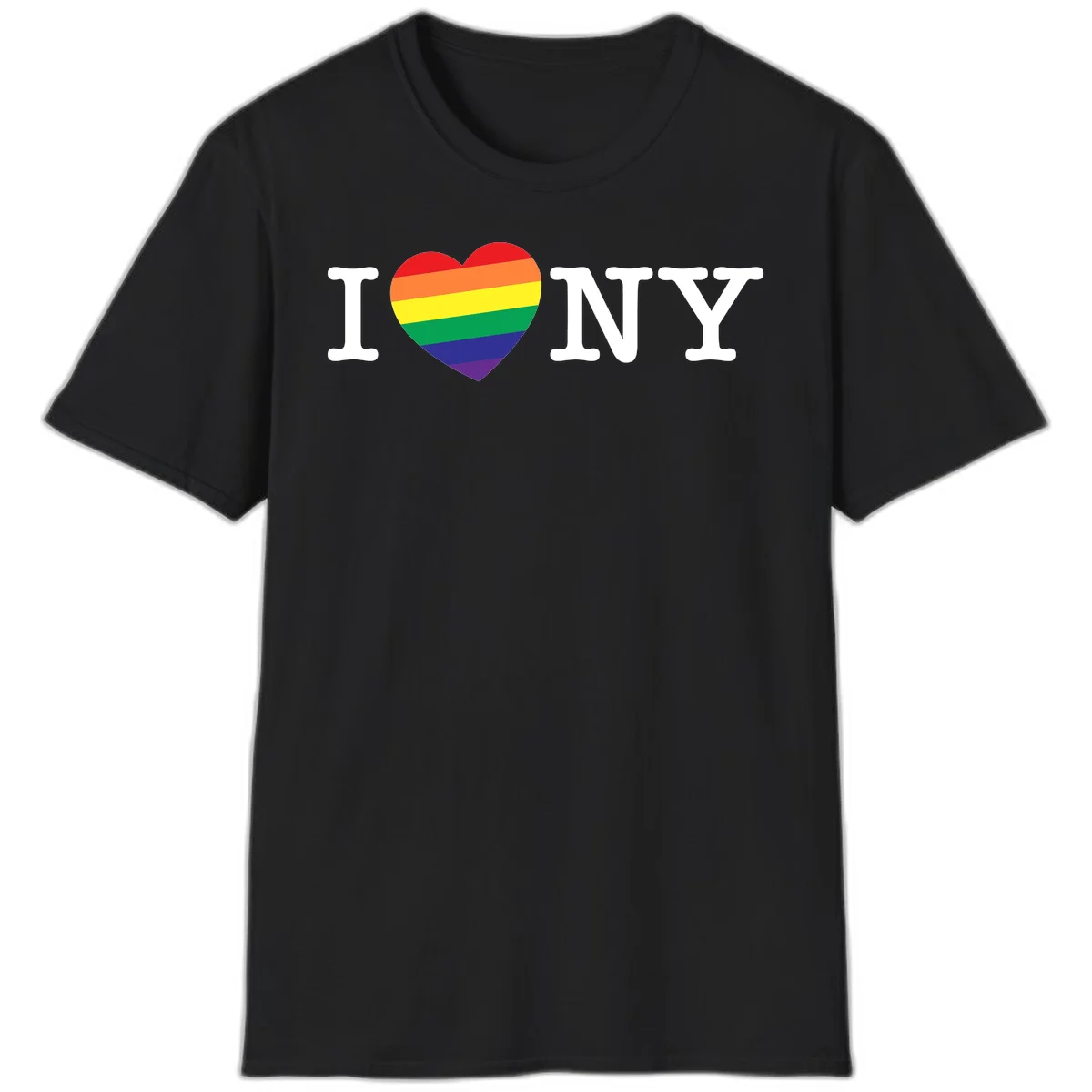 I Love New York Pride design with rainbow heart replacing the love symbol, featuring pride flag colors on gray background in Black