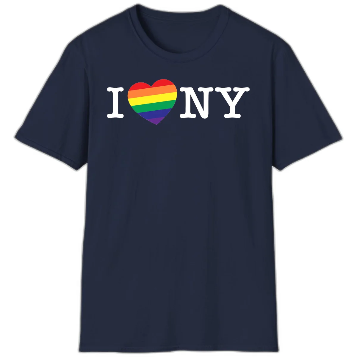 I Love New York Pride design with rainbow heart replacing the love symbol, featuring pride flag colors on gray background in Navy