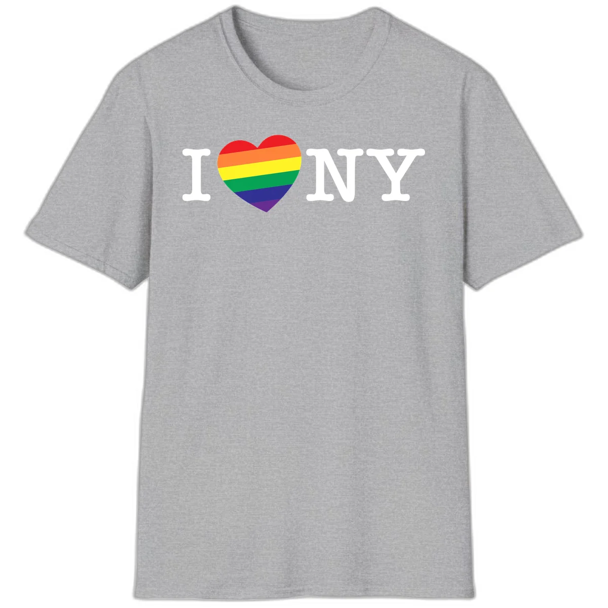 I Love New York Pride design with rainbow heart replacing the love symbol, featuring pride flag colors on gray background in Sport Grey