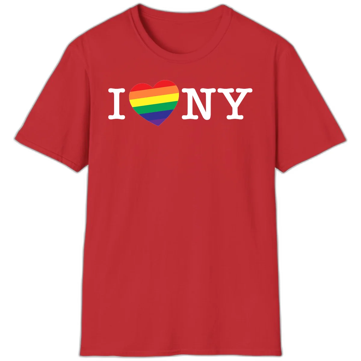 I Love New York Pride design with rainbow heart replacing the love symbol, featuring pride flag colors on gray background in Red