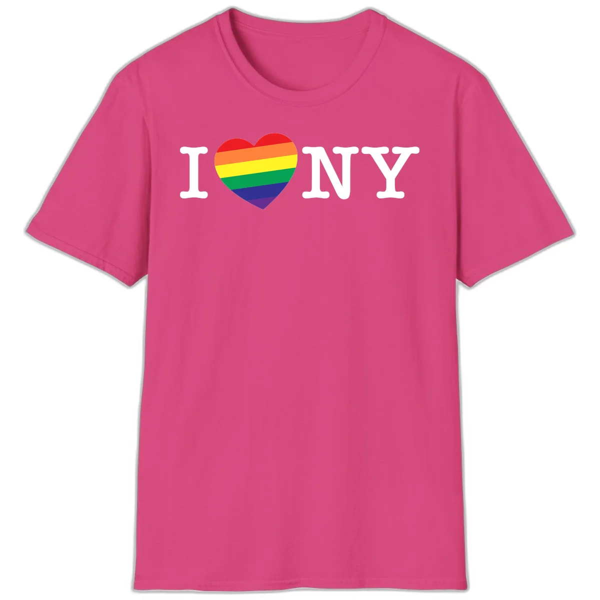 I Love New York Pride design with rainbow heart replacing the love symbol, featuring pride flag colors on gray background in Heliconia