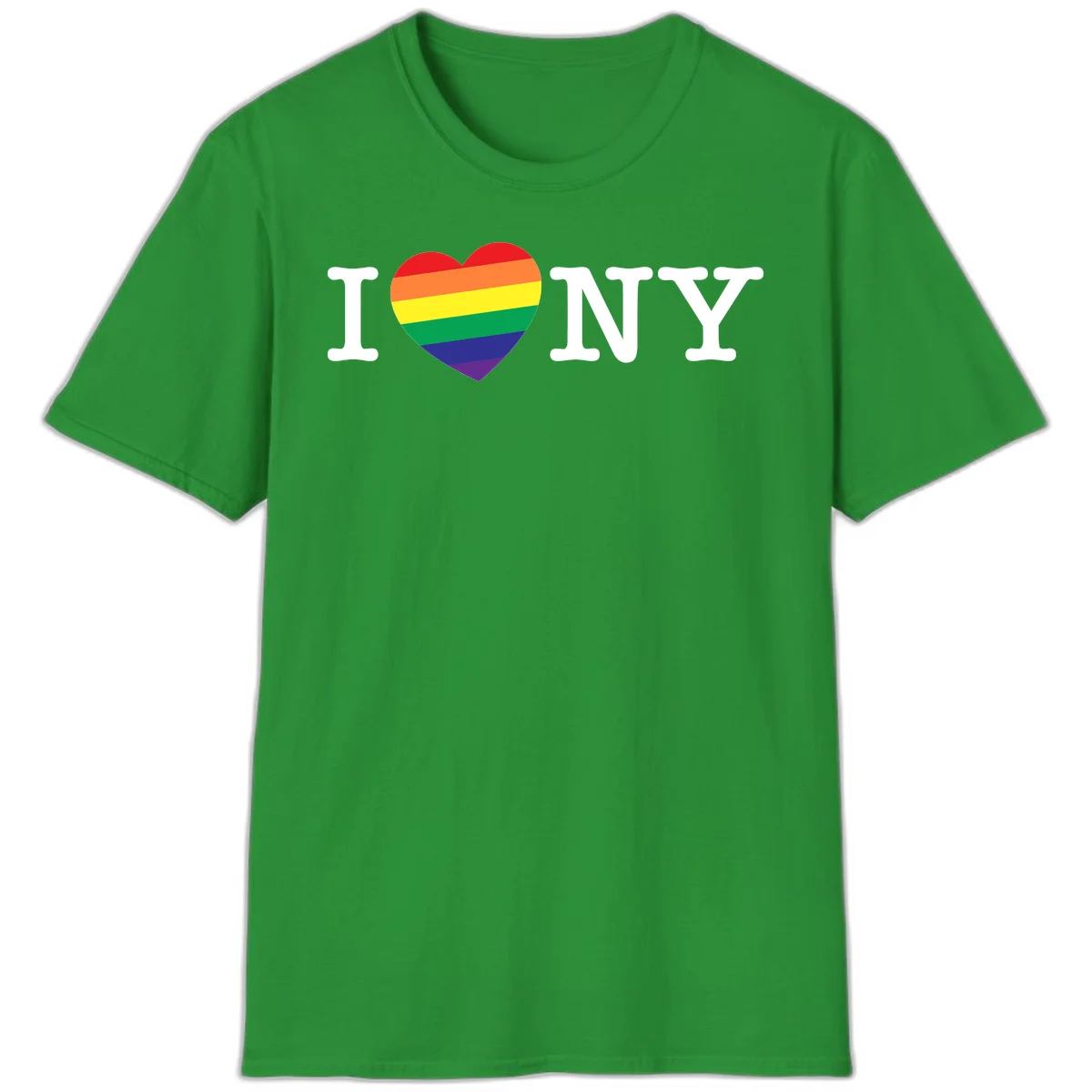 I Love New York Pride design with rainbow heart replacing the love symbol, featuring pride flag colors on gray background in Irish Green