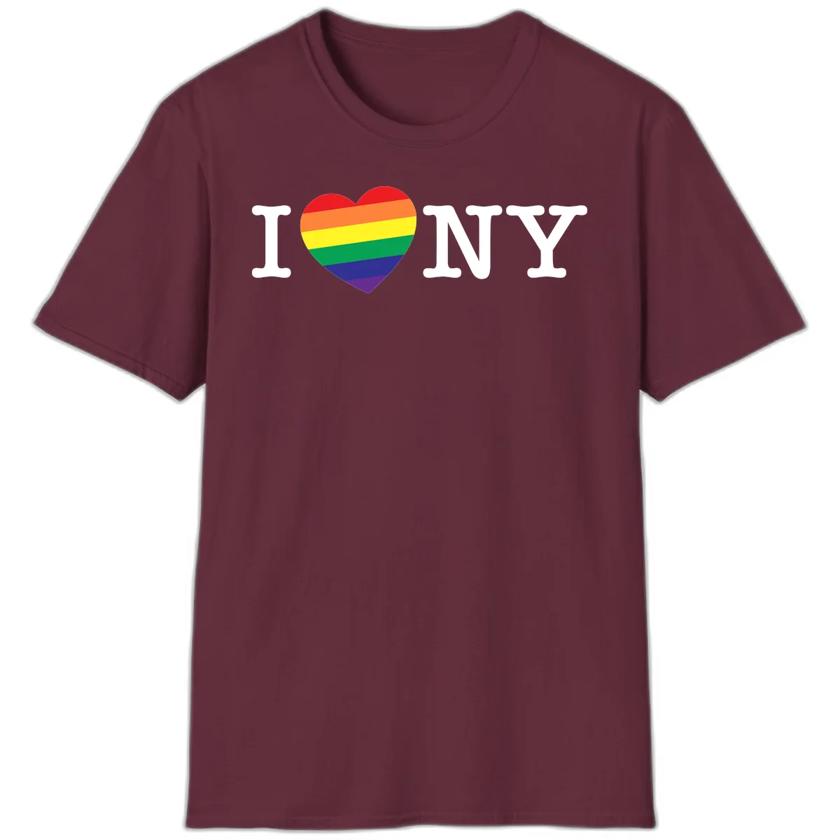 I Love New York Pride design with rainbow heart replacing the love symbol, featuring pride flag colors on gray background in Maroon