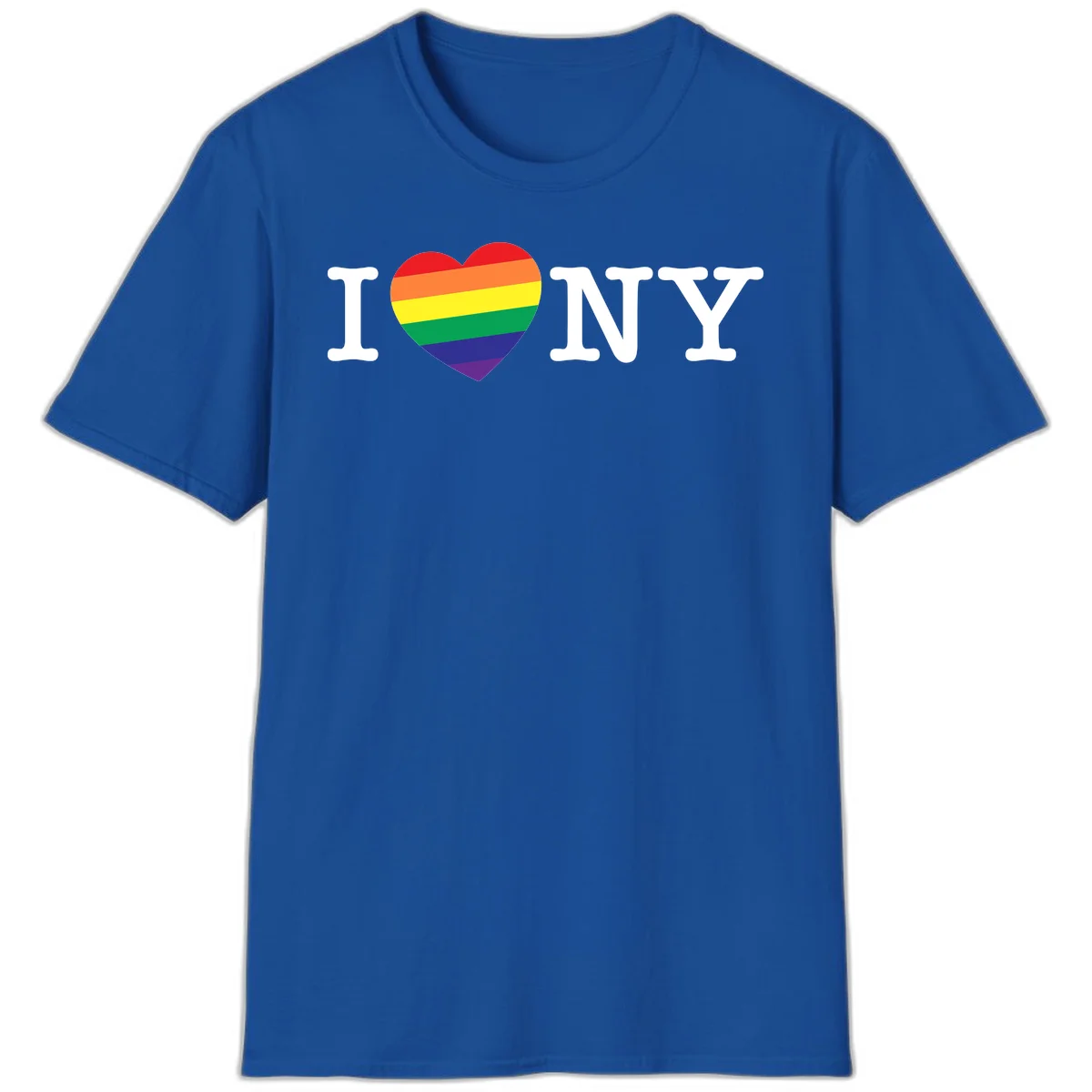 I Love New York Pride design with rainbow heart replacing the love symbol, featuring pride flag colors on gray background in Royal