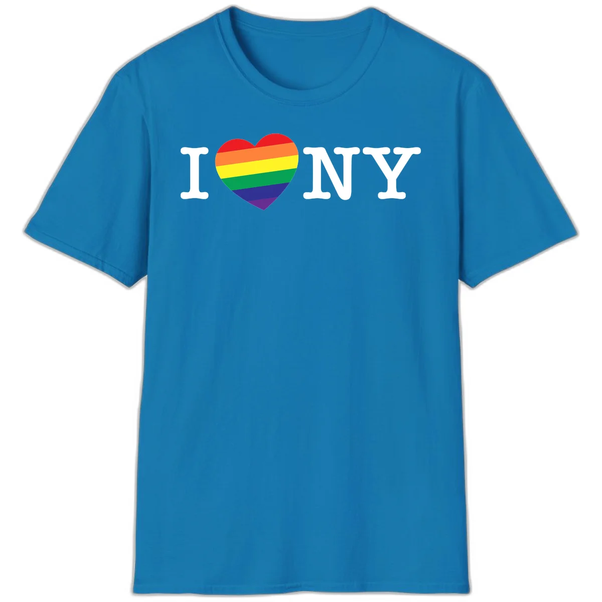 I Love New York Pride design with rainbow heart replacing the love symbol, featuring pride flag colors on gray background in Sapphire