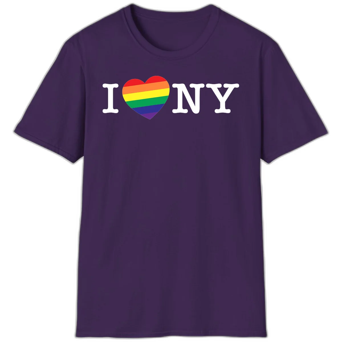 I Love New York Pride design with rainbow heart replacing the love symbol, featuring pride flag colors on gray background in Purple