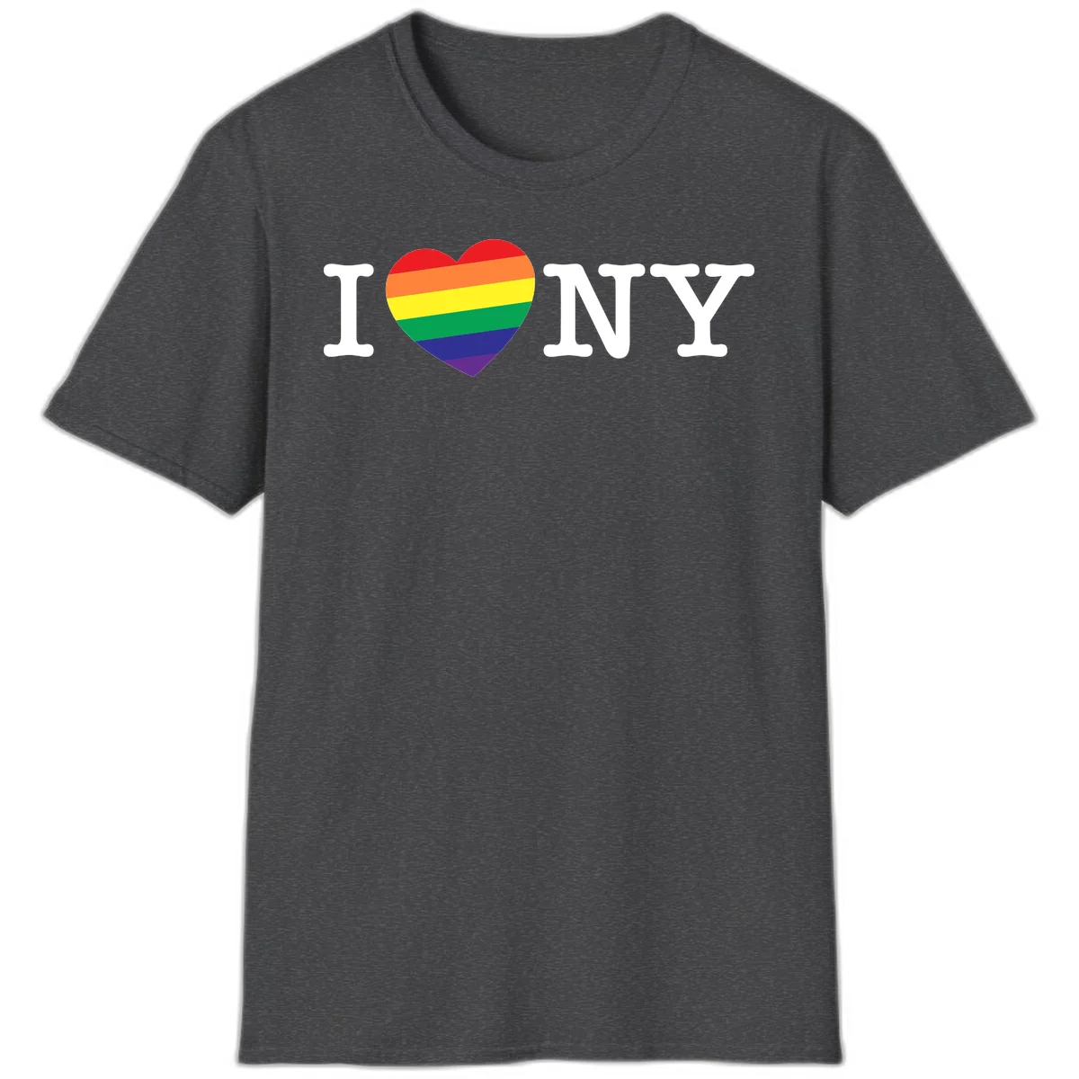 I Love New York Pride design with rainbow heart replacing the love symbol, featuring pride flag colors on gray background in Dark Heather
