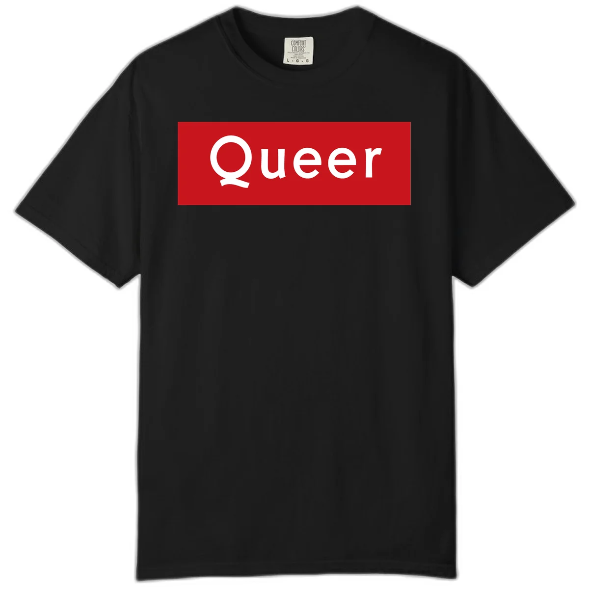Bold white 'Queer' text on bright red background - a powerful queer pride statement design in Black