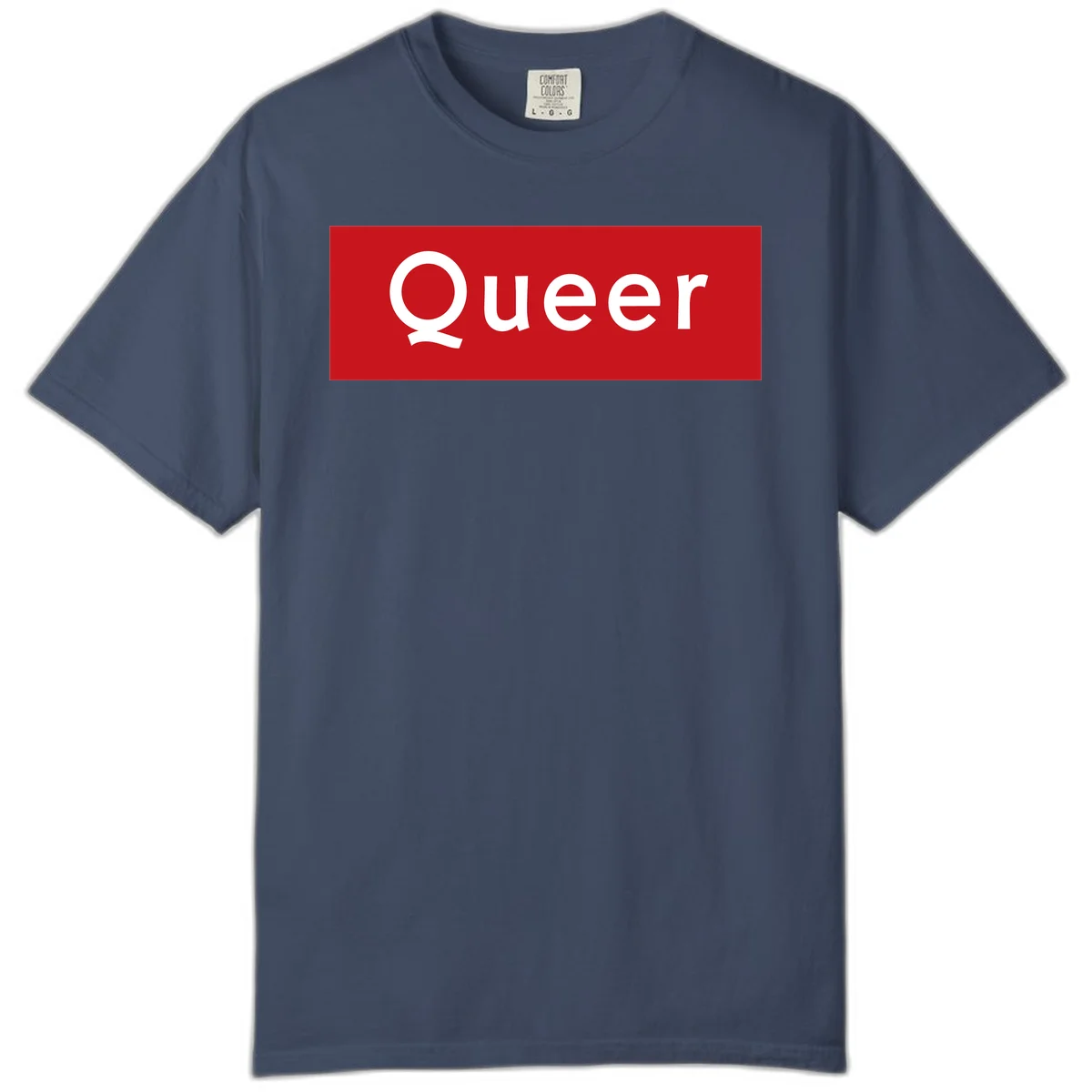 Bold white 'Queer' text on bright red background - a powerful queer pride statement design in Midnight
