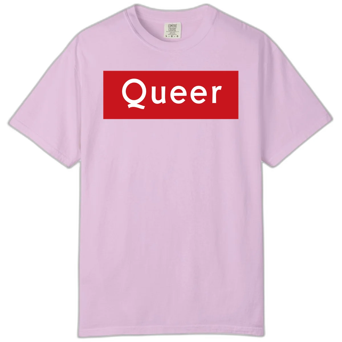 Bold white 'Queer' text on bright red background - a powerful queer pride statement design in Orchid