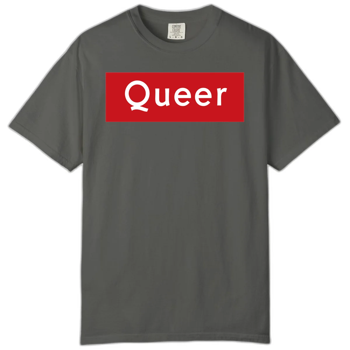Bold white 'Queer' text on bright red background - a powerful queer pride statement design in Pepper
