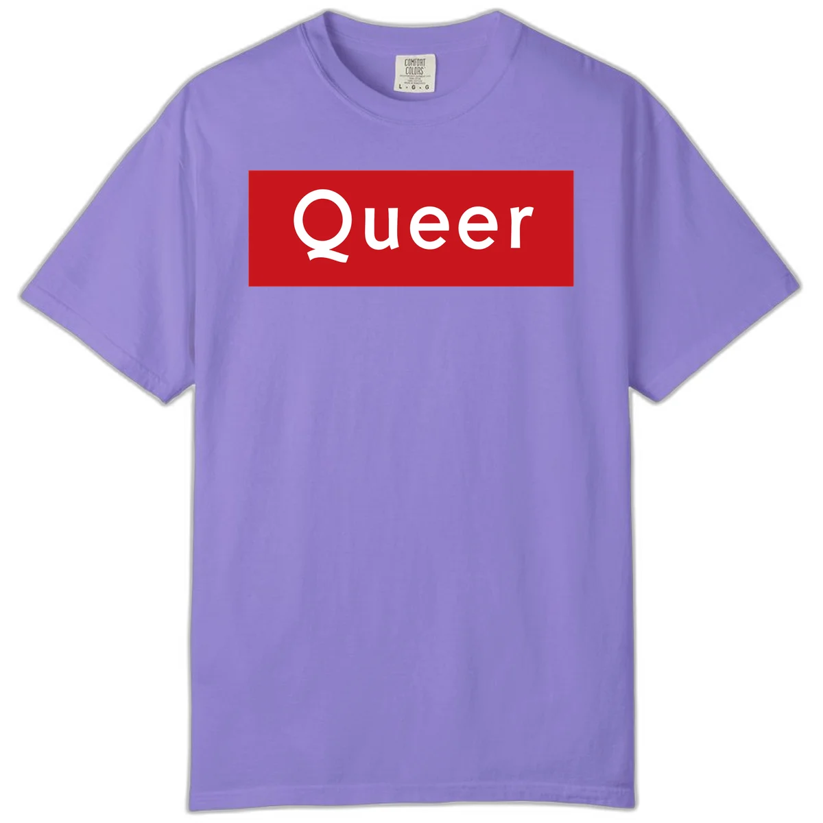 Bold white 'Queer' text on bright red background - a powerful queer pride statement design in Violet